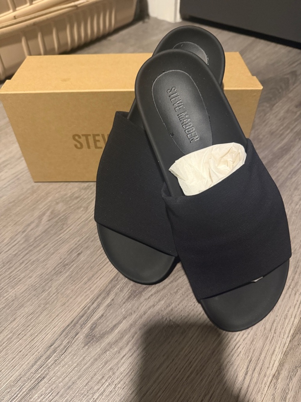 Steve Madden Black Crossband Slide Sandals